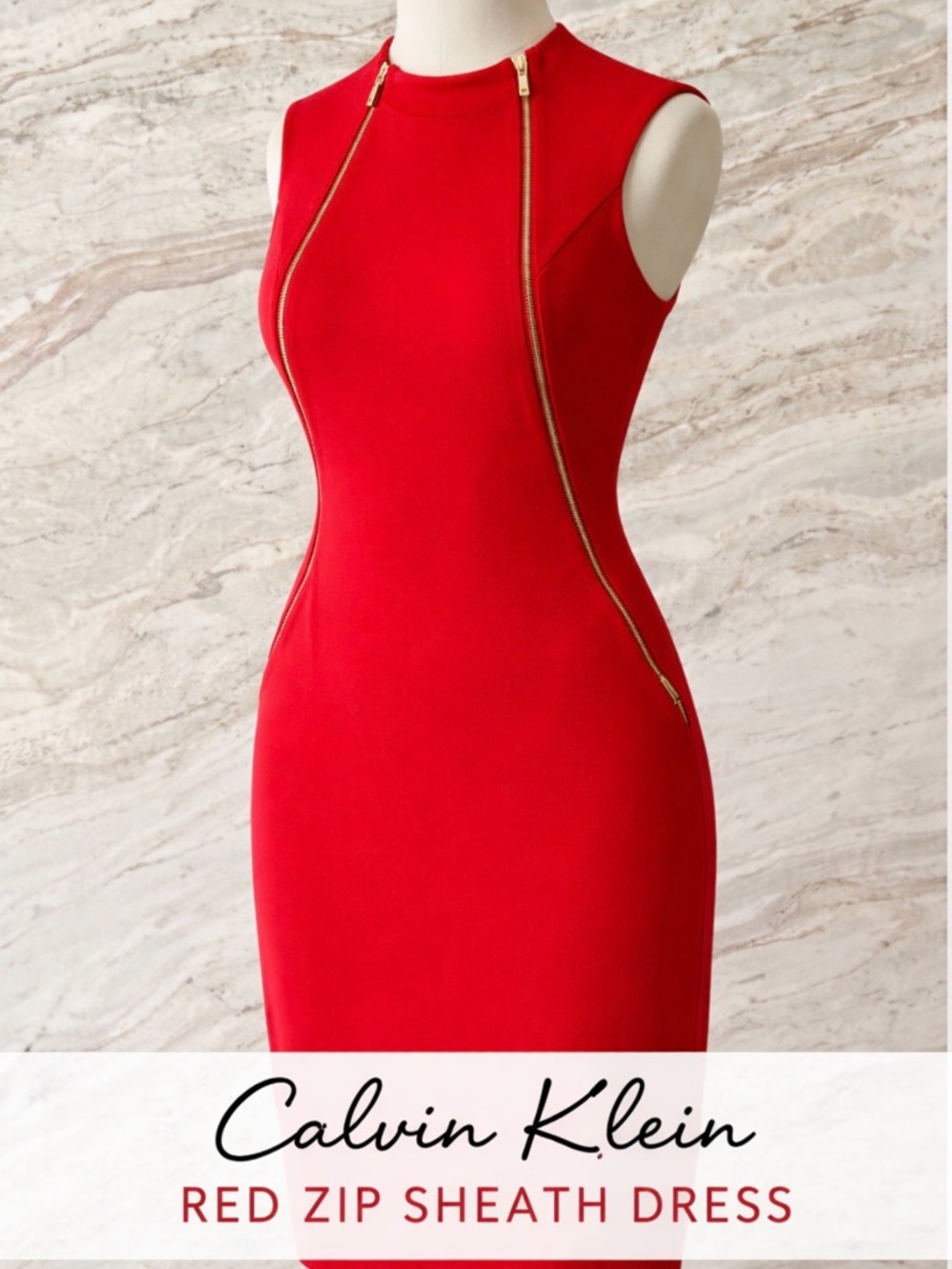 Calvin Klein Bold Red Sheath Dress with Gold Zipper Accents Size 6